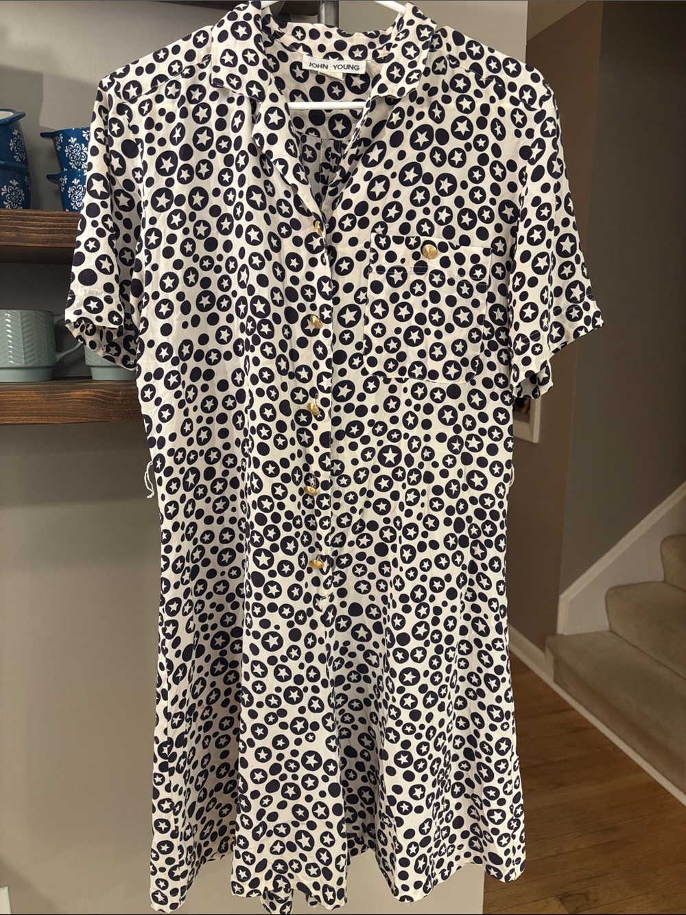 Vintage John Young 100% Silk Romper Size 8 Navy White Star Print Button Front